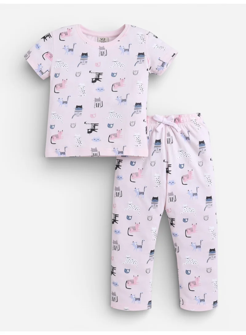 فكتور اند جين Girls Cat Print Cotton Pajama Set – T-Shirt & Full Pants Nightwear